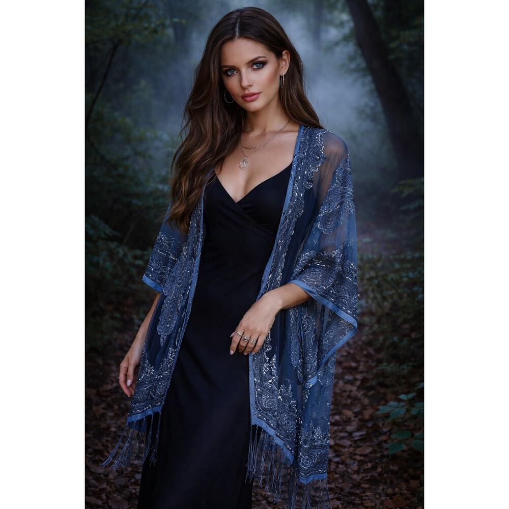 Pretty Persuasions Blue Paisley Sheer Kimono Fringe Boho Duster Fairy Coachella